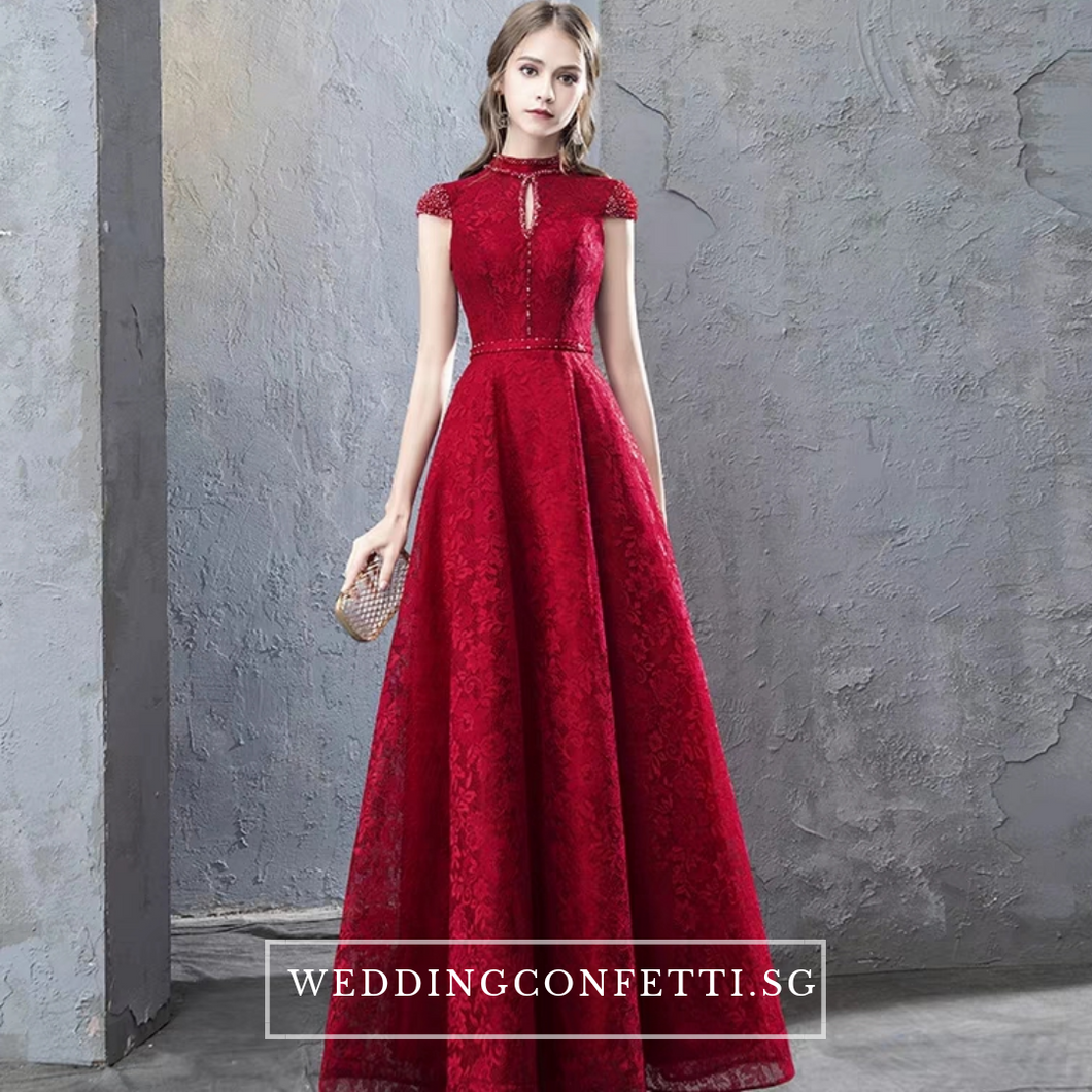 The Taylor Red High Collar Short Sleeve Gown - WeddingConfetti