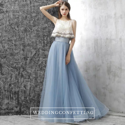 The Rezzane Champagne Blue Lace Long Dress - WeddingConfetti