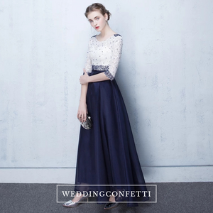 The Tabitha White Navy Blue Long Sleeves Gown - WeddingConfetti
