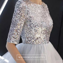 Load image into Gallery viewer, The Alethea Silver Sequined Long Sleeves Gown - WeddingConfetti