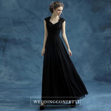 Load image into Gallery viewer, The Belinda Black Cap Sleeve Dress Gown - WeddingConfetti