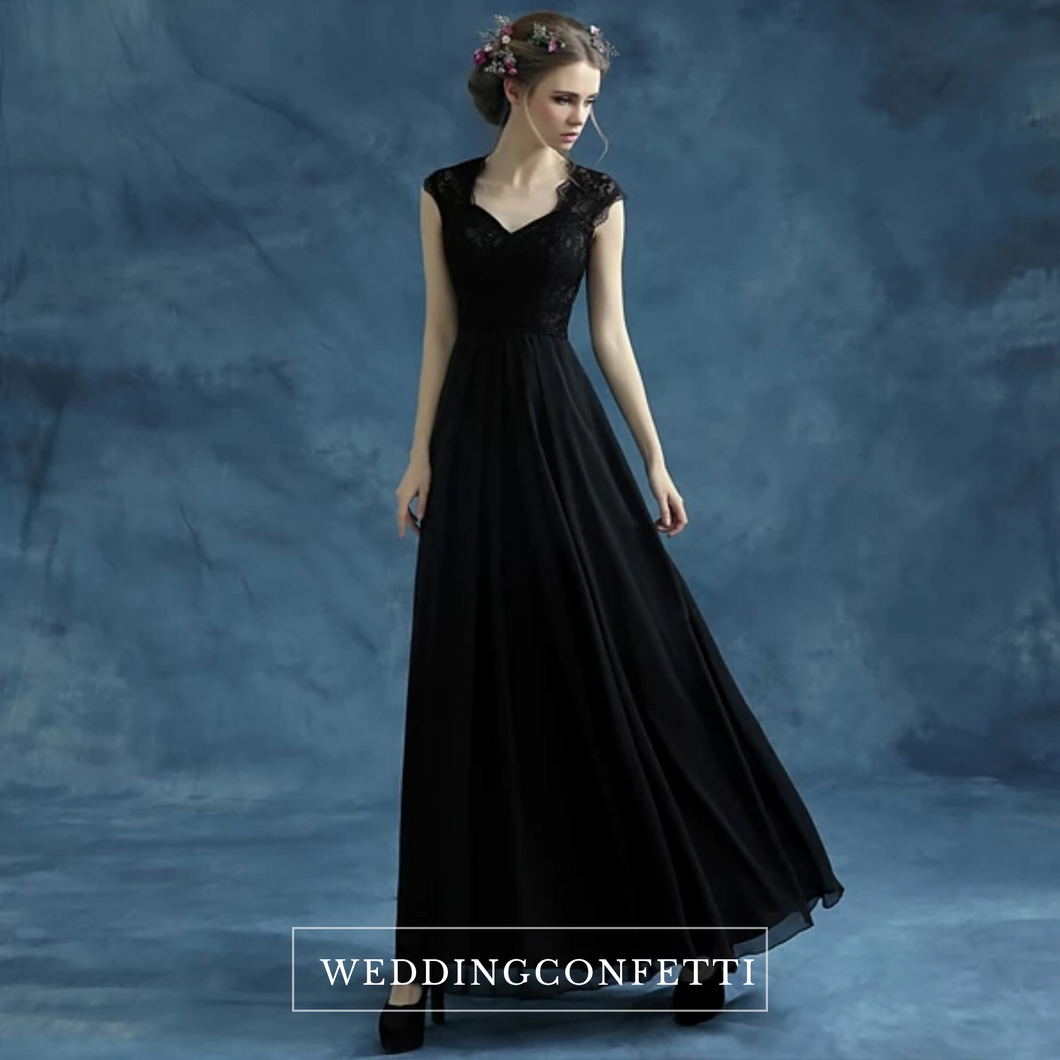 The Belinda Black Cap Sleeve Dress Gown - WeddingConfetti