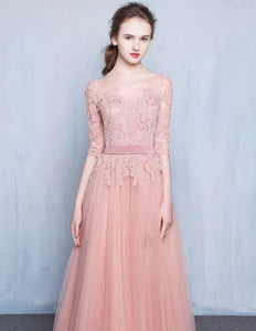 The Rosaelyn Pink lace Sleeves Long Evening Gown - WeddingConfetti