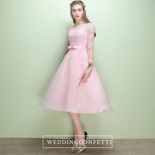 The Leanne Pink Illusion Lace Long Sleeves Dress - WeddingConfetti