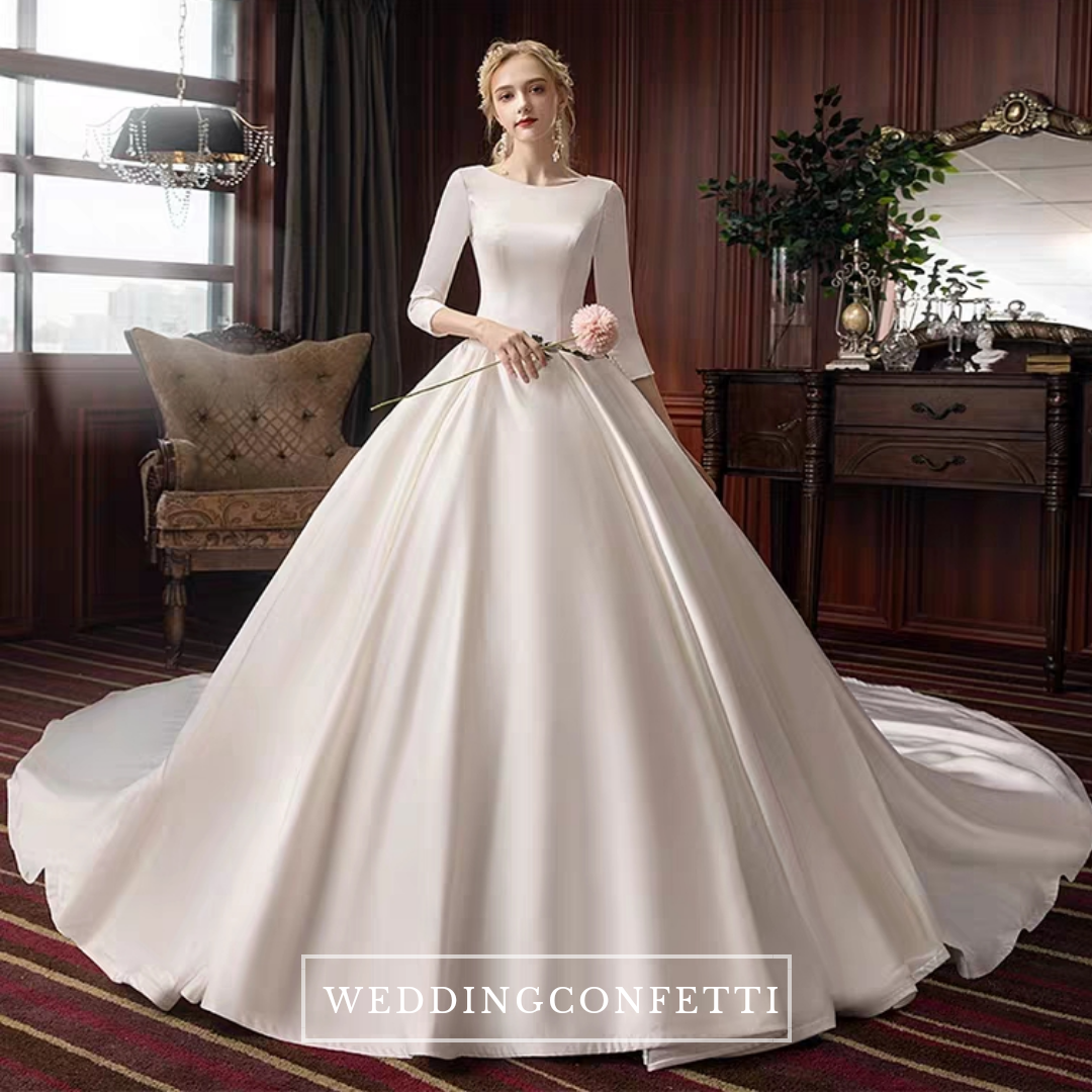 The Pristine Wedding Bridal Satin Long Sleeves Gown – WeddingConfetti