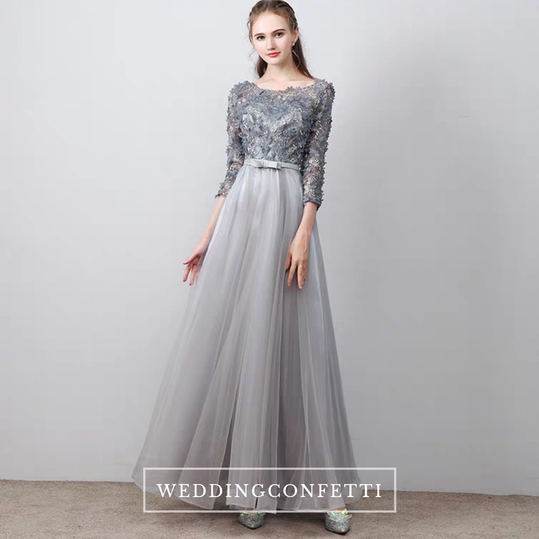 Grey long 2025 sleeve evening gowns
