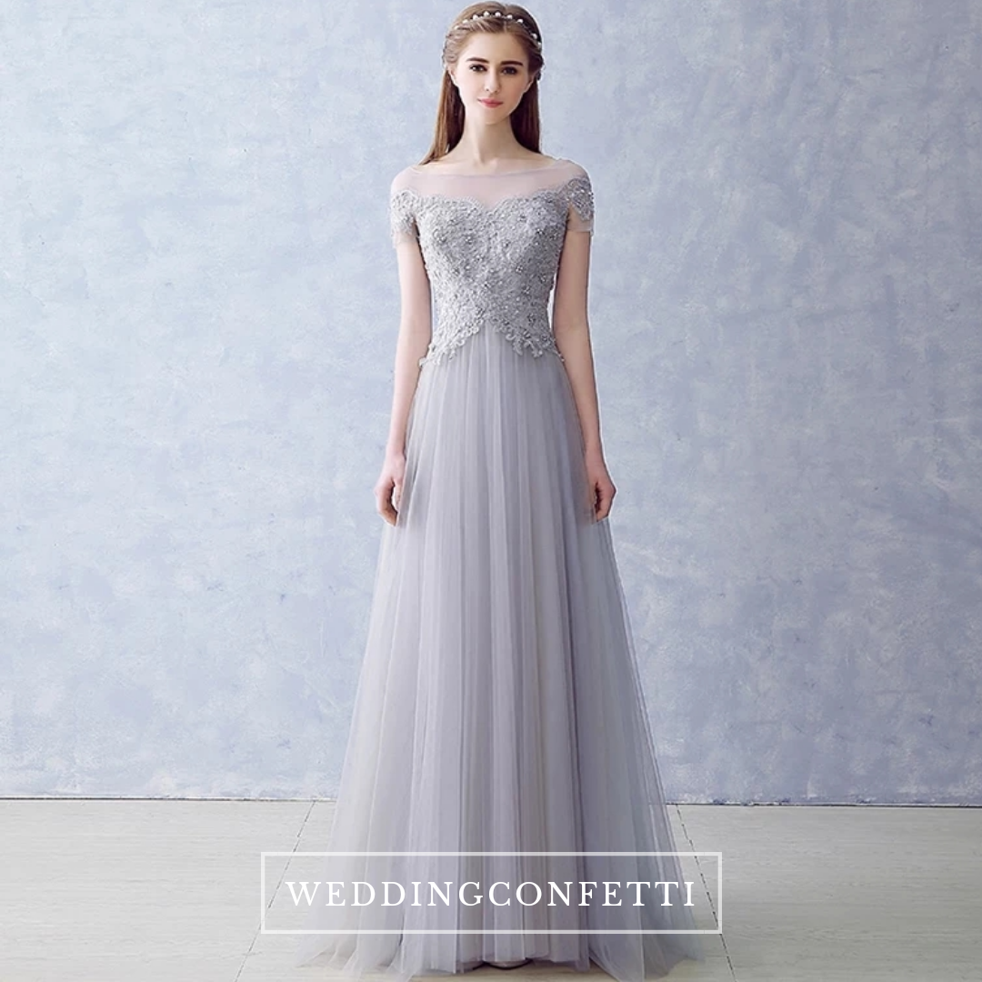 The Kalethea Grey Boat Neck Grey/Red Tulle Gown  WeddingConfetti