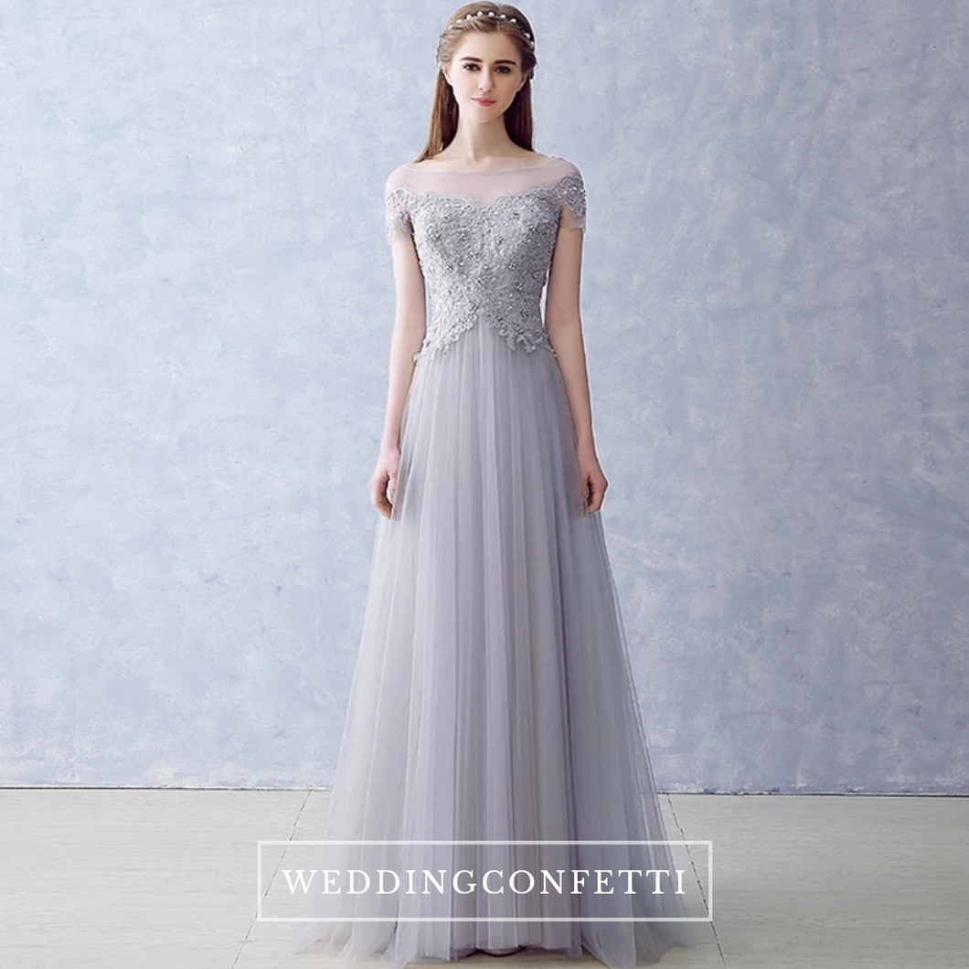 The Kalethea Grey Boat Neck Grey/Red Tulle Gown - WeddingConfetti