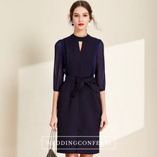 Load image into Gallery viewer, The Nora High Cut Out Collar Short Navy Blue Dress - WeddingConfetti