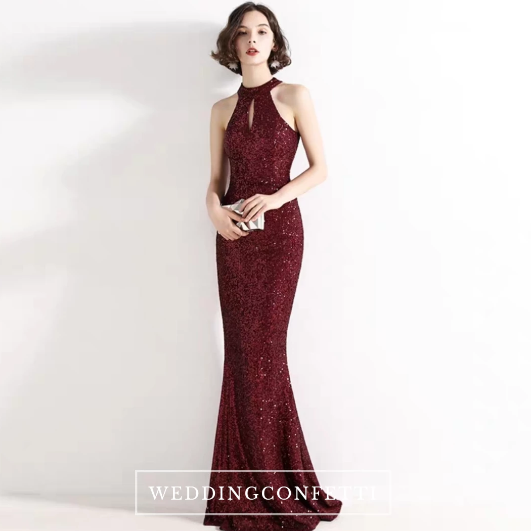 The Lilian Wine Red Sequined Halter Gown (Available in 2 colours) - WeddingConfetti