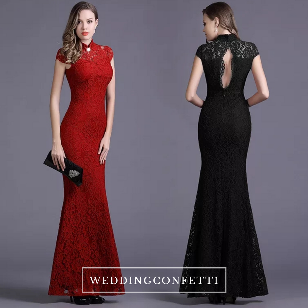 The Hensley Cheongsam Mandarin Collar Off White/Black/Red Lace Gown - WeddingConfetti