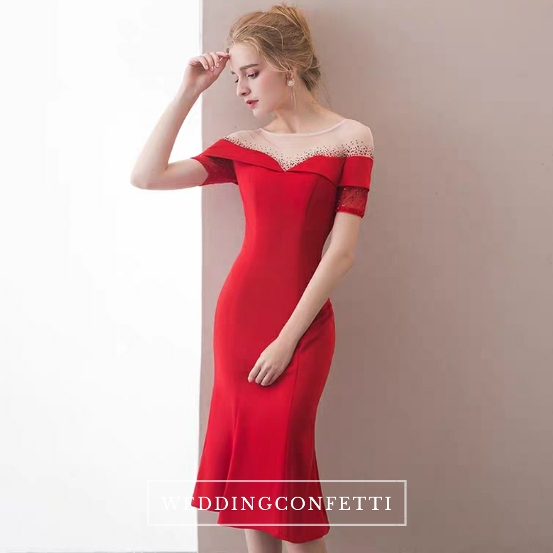 The Heriette Red Glitter Off Shoulder Mermaid Short Dress WeddingConfetti The Heriette Red Glitter Off Shoulder Mermaid Short Dress WeddingConfetti
