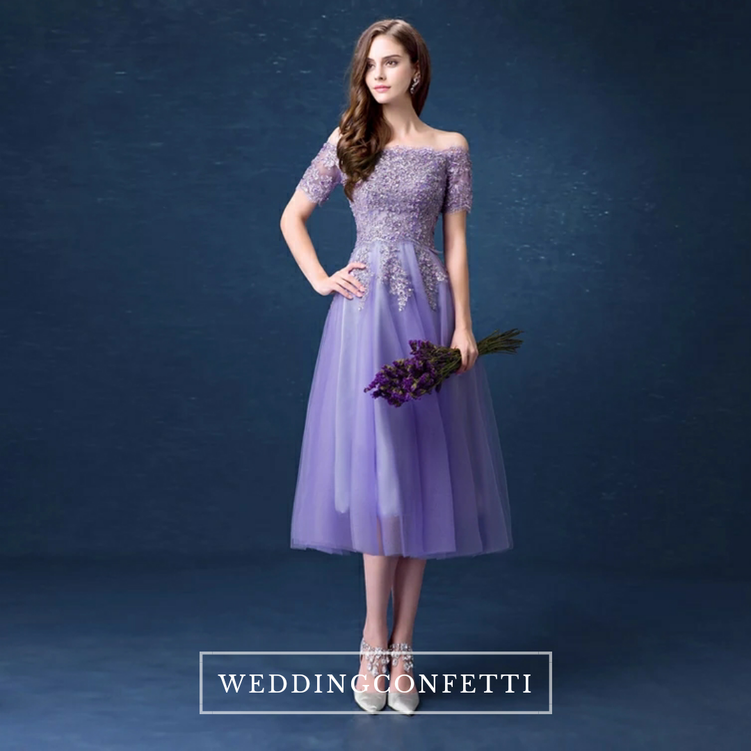 The Lerraine Purple Off Shoulder Lace Embroidery Dress – WeddingConfetti