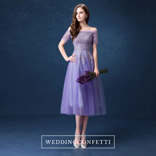 The Lerraine Purple Off Shoulder Lace Embroidery Dress - WeddingConfetti