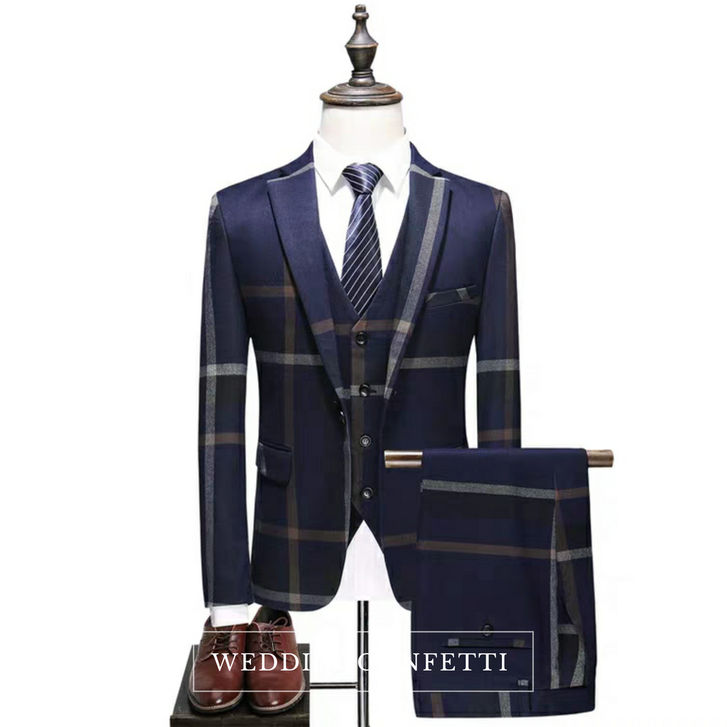 Men's Checkered Blue Suit Jacket, Vest and Pants (3 Piece) - WeddingConfetti