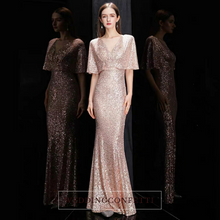 Load image into Gallery viewer, The Rayna Gold Sequined Draped Sleeves Gown (Available in 2 colours) - WeddingConfetti