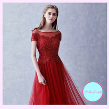 Load image into Gallery viewer, The Kalethea Grey Boat Neck Grey/Red Tulle Gown - WeddingConfetti