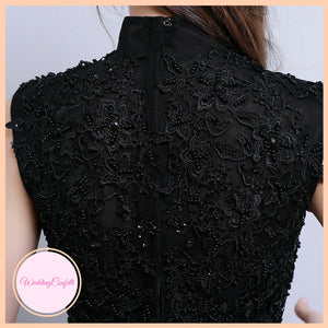 The Rosemary Mandarin Collar Cheongsam Ombre Black Lace Gown - WeddingConfetti