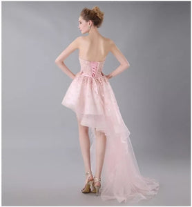 The Nicolette Pink Tube Hi Low Lace Dress - WeddingConfetti