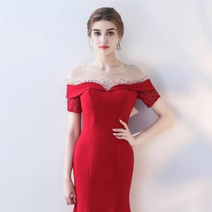 The Heriette Red Glitter Off Shoulder Mermaid Short Dress - WeddingConfetti