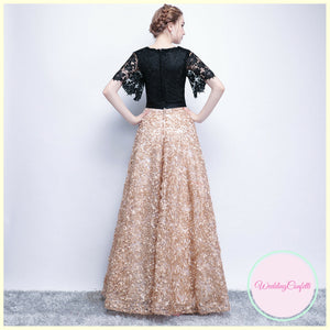 The Charlize Floral Lace Black & Gold Long Sleeves Gown - WeddingConfetti