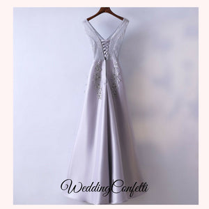 The Kaia Grey Sleeveless Lace Embroidered Gown - WeddingConfetti