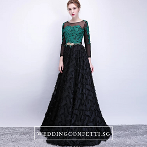 The Kistina Floral Lace Black and Green Illusion Long Sleeves Gown - WeddingConfetti