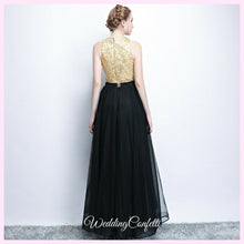 Load image into Gallery viewer, The Larissa Gold Embroidered Sleeveless Lace Gown - WeddingConfetti