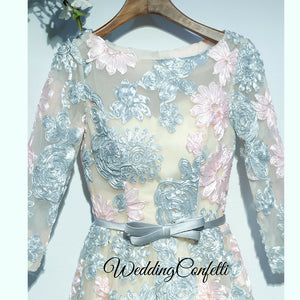 The Ophena Grey and Pink Long Sleeve Lace Dress - WeddingConfetti