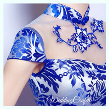 Load image into Gallery viewer, The Oriana Blue White Mandarin Collar Cheongsam Dress - WeddingConfetti