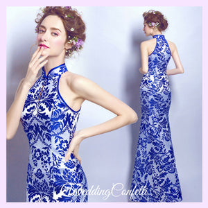 The Oriana Blue White Mandarin Collar Cheongsam Dress - WeddingConfetti