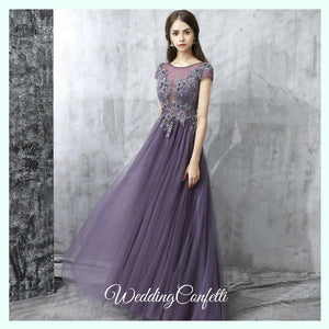 The Pedrine Purple Lace Short Sleeves Gown - WeddingConfetti