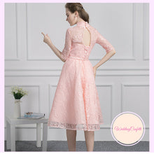 Load image into Gallery viewer, The Perina Pink / Champagne Lace Mandarin Collar Short Dress - WeddingConfetti