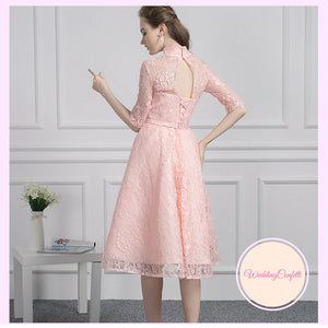 The Perina Pink / Champagne Lace Mandarin Collar Short Dress - WeddingConfetti