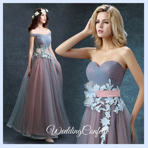 The Regalia Tulle Lace Off Shoulder Blue Gown - WeddingConfetti