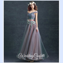 Load image into Gallery viewer, The Regalia Tulle Lace Off Shoulder Blue Gown - WeddingConfetti