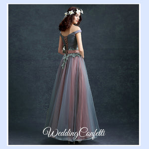 The Regalia Tulle Lace Off Shoulder Blue Gown - WeddingConfetti