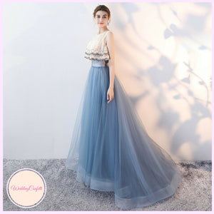 The Rezzane Champagne Blue Lace Long Dress - WeddingConfetti
