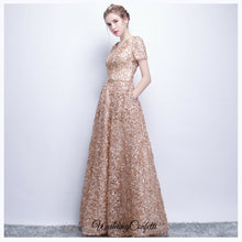Load image into Gallery viewer, The Rikka Gold Short Sleeve Gown - WeddingConfetti