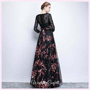 The Rozalia Floral Black Long Sleeves Gown - WeddingConfetti