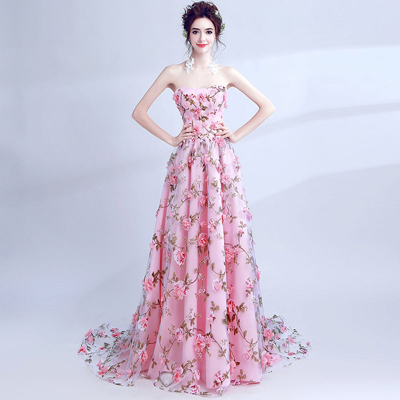 Red floral store ball gown