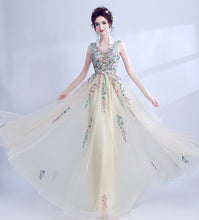 Load image into Gallery viewer, The Renee ellow Sleeveless Embroidered Lace Gown - WeddingConfetti
