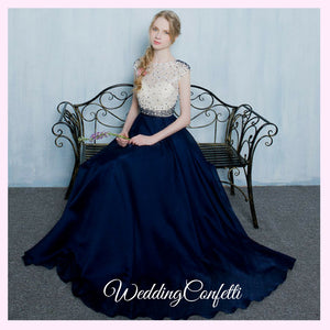 The Tabitha White Navy Blue Dress (Available in Different Lengths) - WeddingConfetti