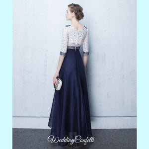 The Tabitha White Navy Blue Long Sleeves Gown - WeddingConfetti