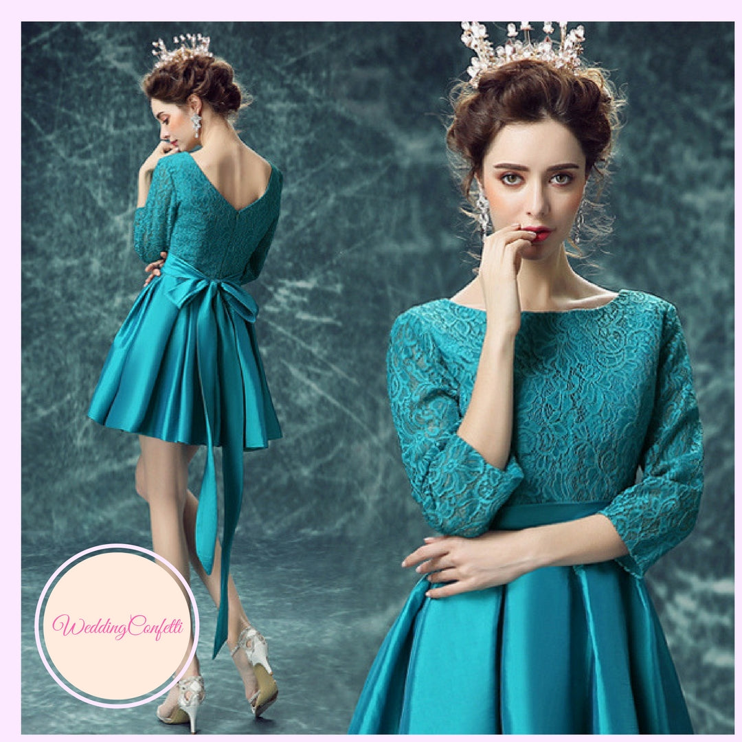 The Tessa Wedding Bridal Teal Long Sleeves Short Dress – WeddingConfetti