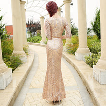 Load image into Gallery viewer, The Giovana Gold Long Sleeves Lace Evening Gown - WeddingConfetti