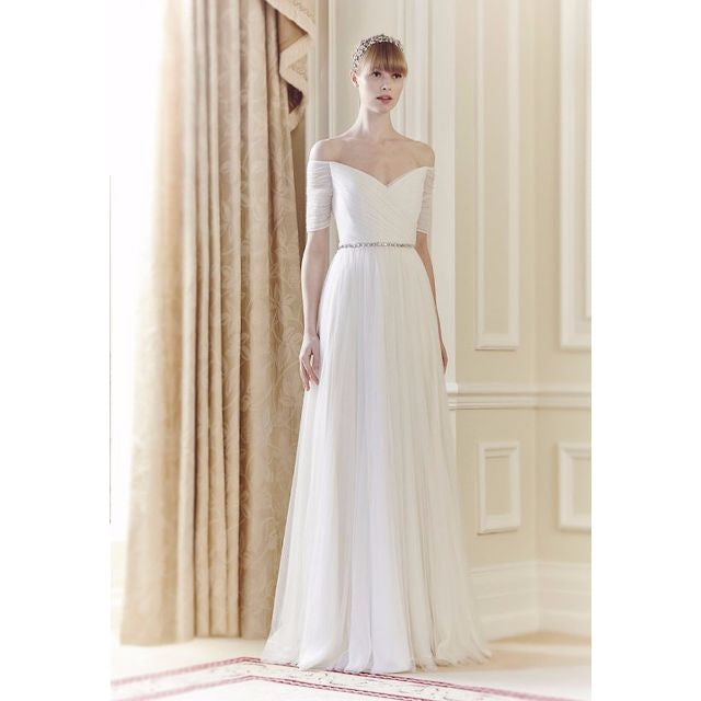 White off the outlet shoulder bridesmaid dress