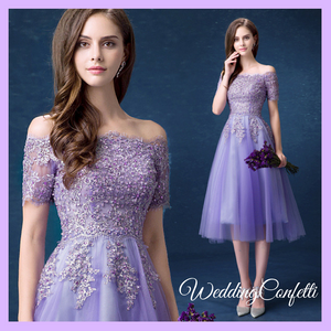 The Lerraine Purple Off Shoulder Lace Embroidery Dress - WeddingConfetti
