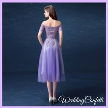 Load image into Gallery viewer, The Lerraine Purple Off Shoulder Lace Embroidery Dress - WeddingConfetti