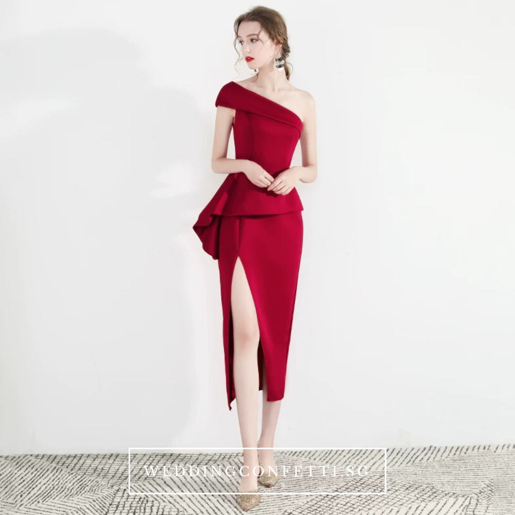 The Charis One Shoulder Origami Red / White Dress With Slit - WeddingConfetti